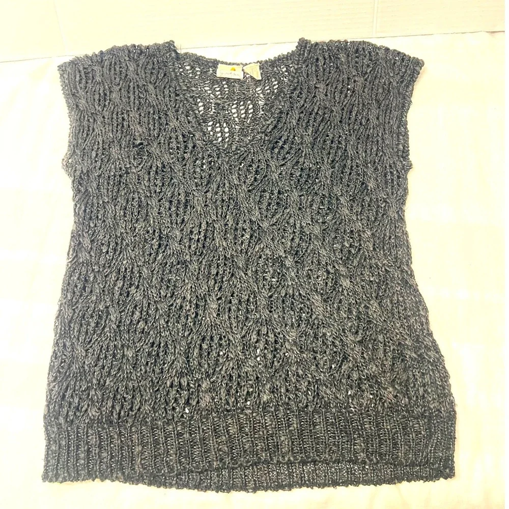 Vintage Liz Claiborne Neiman Marcus Crochet Fisherman Net Sweater Top Black Med